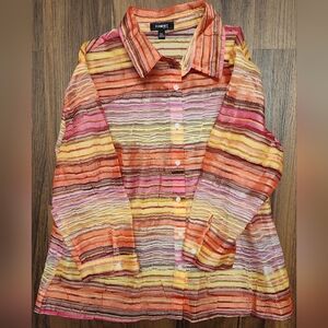 NWOT Womens Sz PXL Elementz Petite Sheer Colorful Striped Crinkle Top